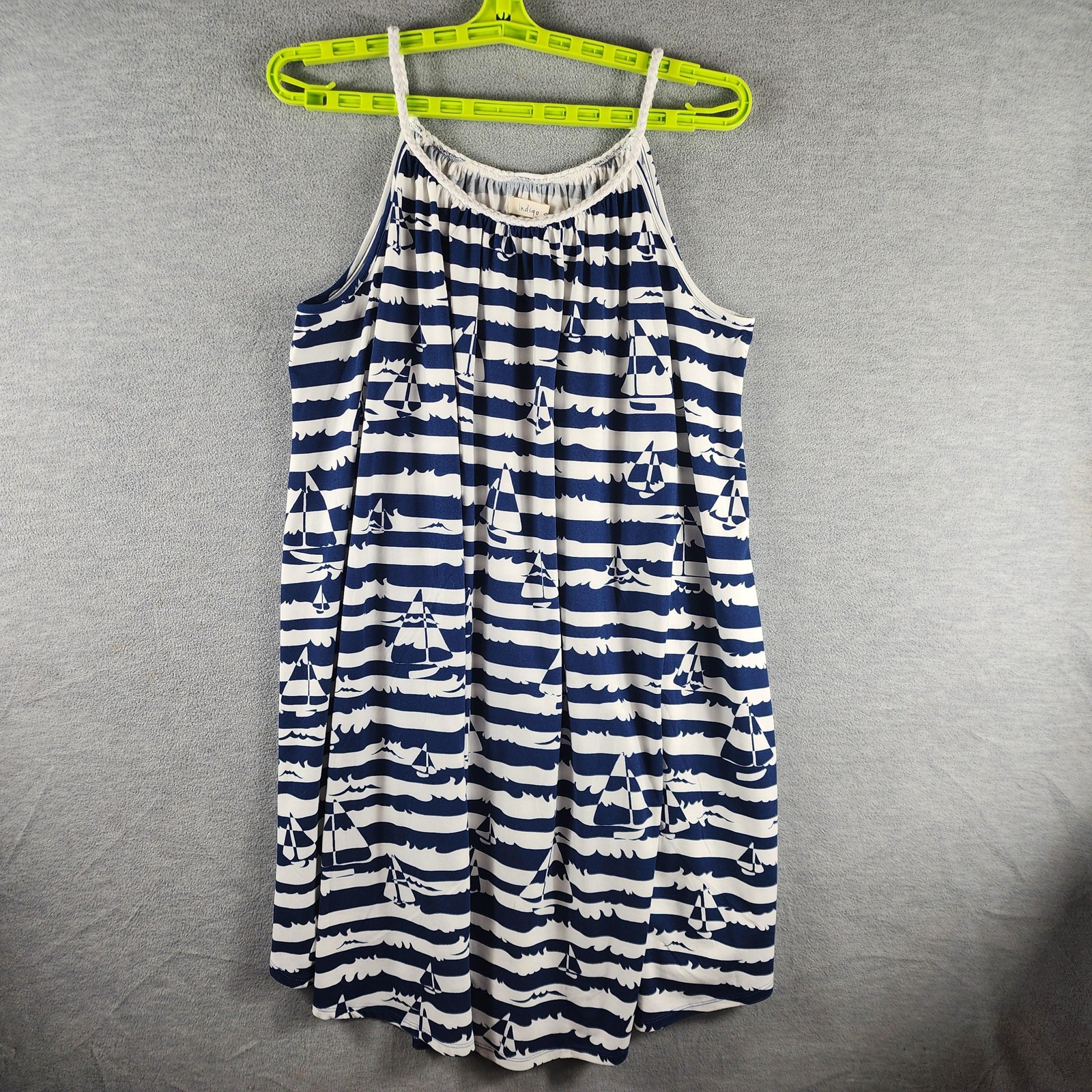 Indigo Soul Dress Womens Medium Blue Sailboat Striped Swing Nautical Sundress