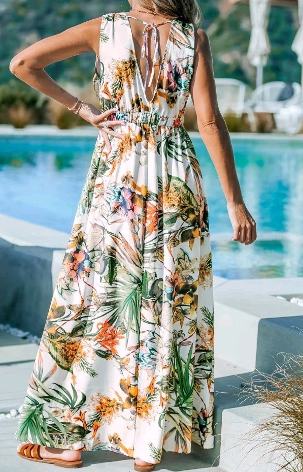 NWT Cupshe Maxi Dress Short Sleeve Floral Size Large White Yellow Green