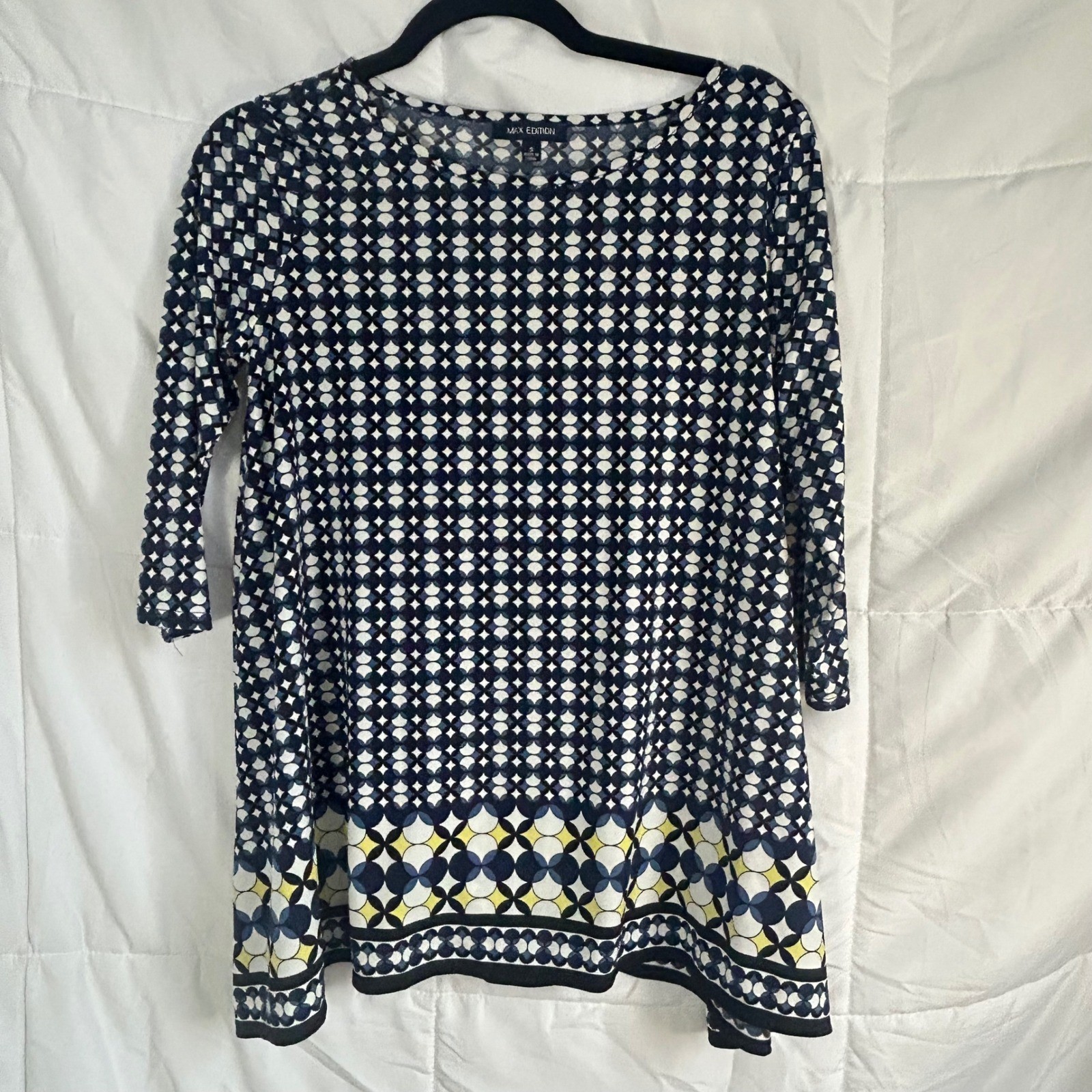 Max Edition Geometric Print 3/4 Sleeve Shift Dress Womens Size S Blu White Yell