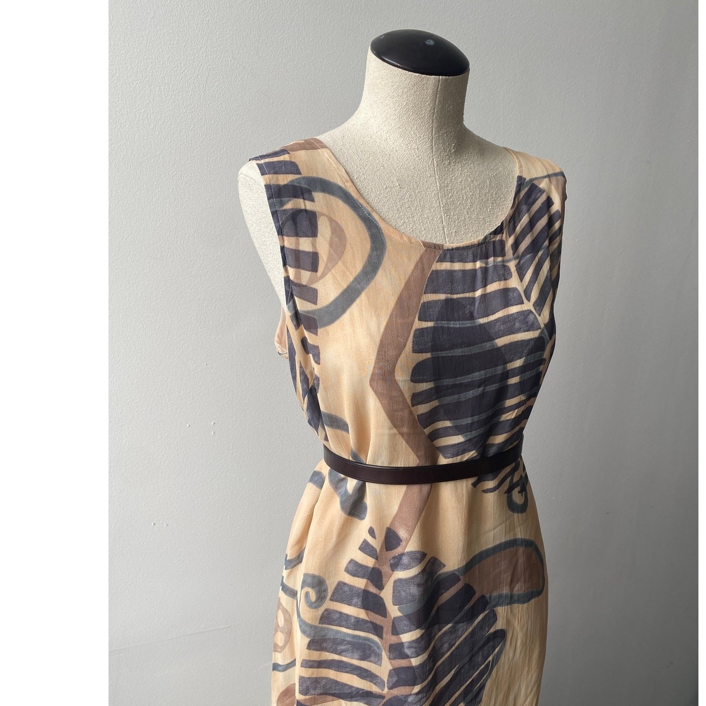 Vtg 90s Earthy Botanical Sleeveless Maxi Dress Tan Gray Boho Minimalist Sz M