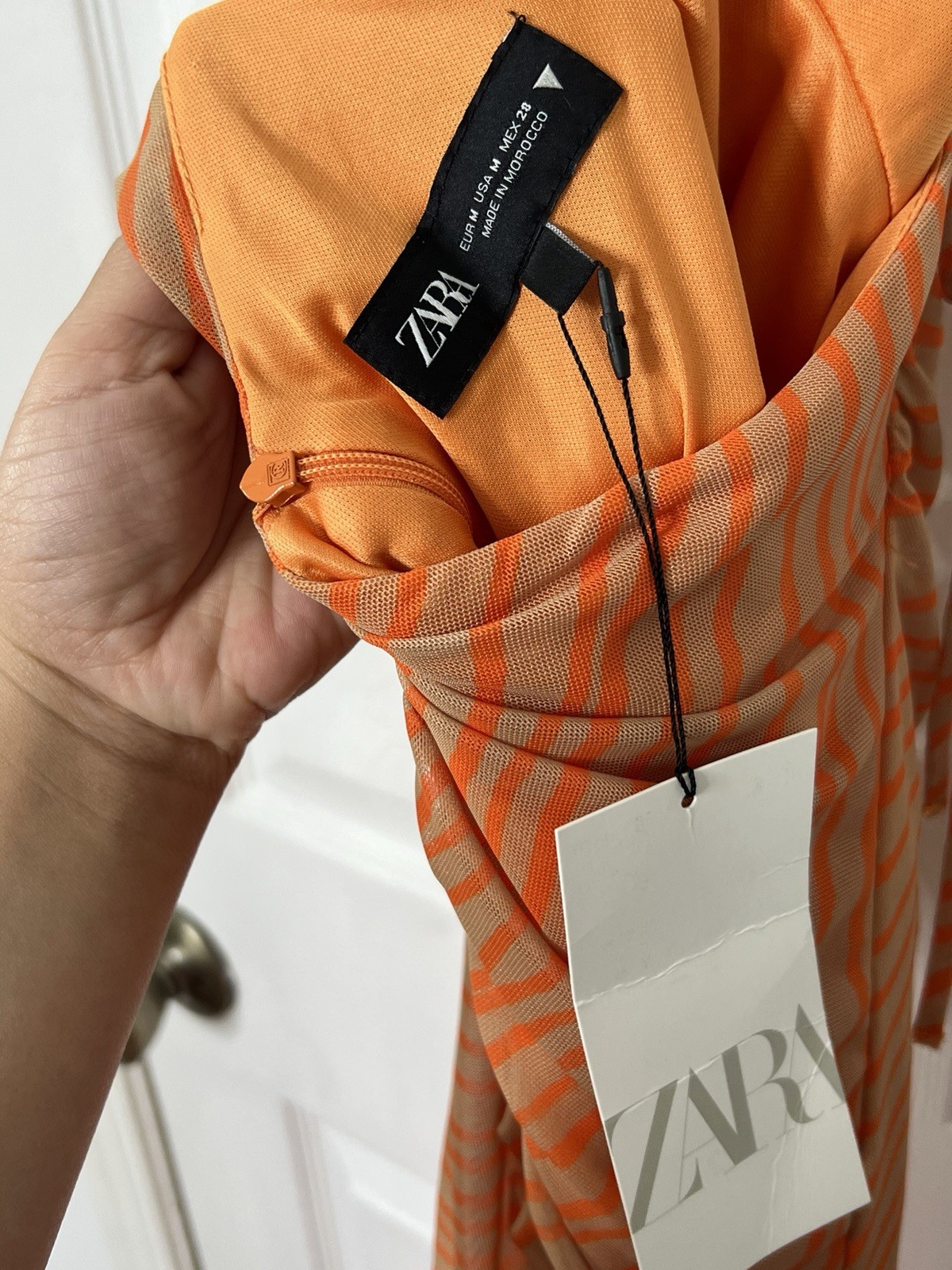 ZARA Orange Striped Mesh Cowl Neck Maxi Dress Sheer Y2K Vacation Resort Party M