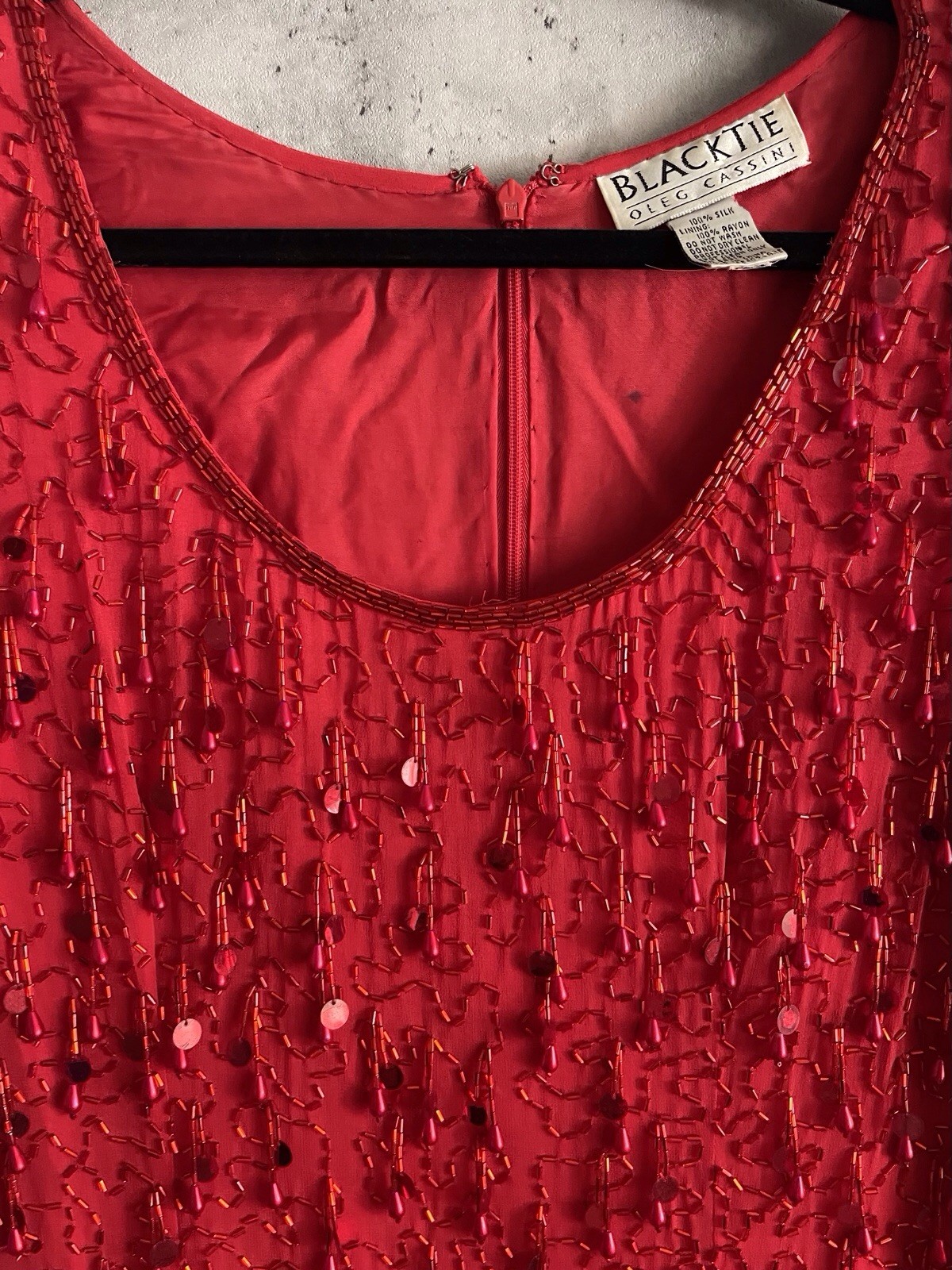 Vintage 90s Oleg Cassini Red Beaded Sequin Fringe Silk Evening Gown Dress 4