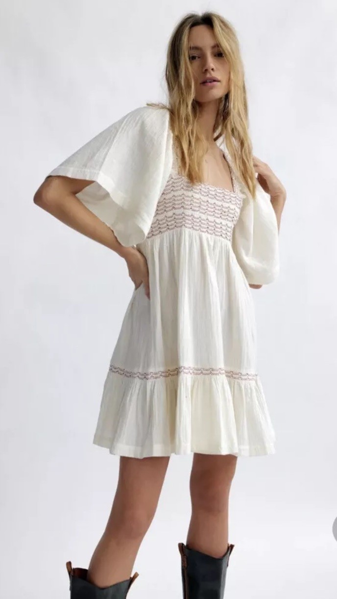 Free People Easy to Love Mini Dress Smocked Cute Romantic Babydoll Ivory Sz S
