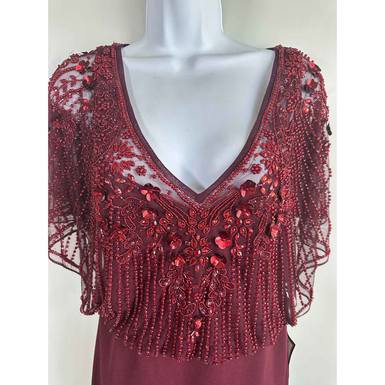 Aidan Mattox Beaded Evening Gown Wine Sequin Capelet Art Deco Old Hollywood Sz10