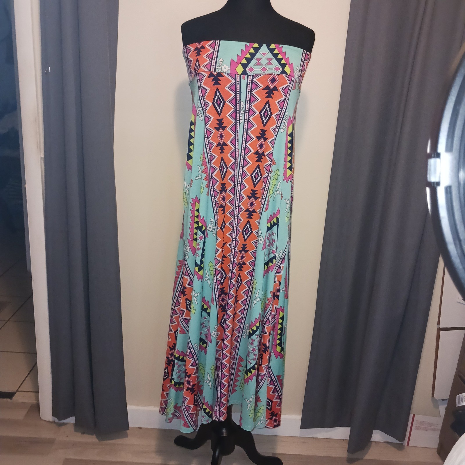 HERSHE Boho Tribal Aztec Bohemian Strapless Maxi Dress Foldover Skirt Xl