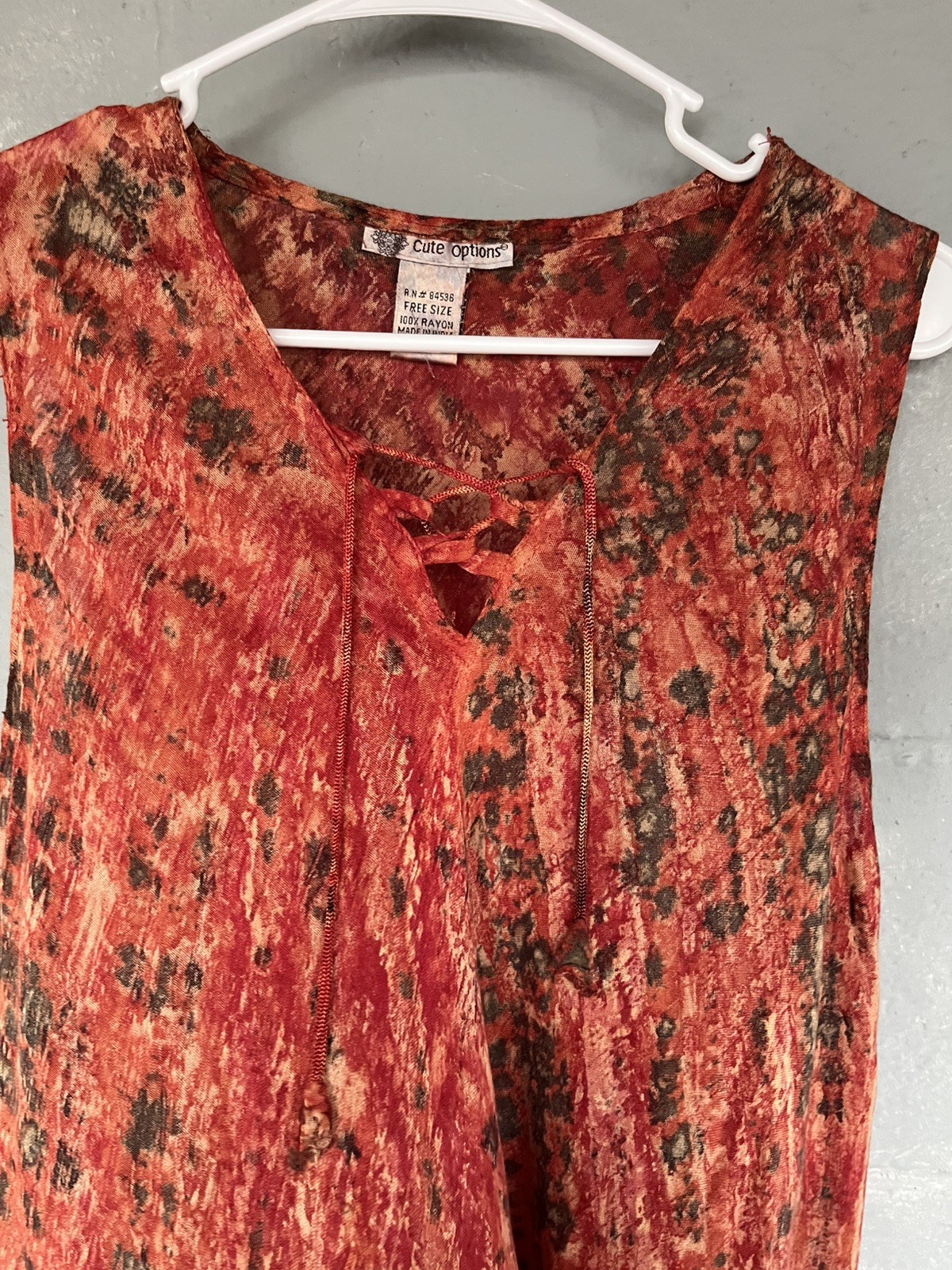 Cute Options Boho Batik Dress OS Rust Orange Flowy Handkerchief Hem Festival
