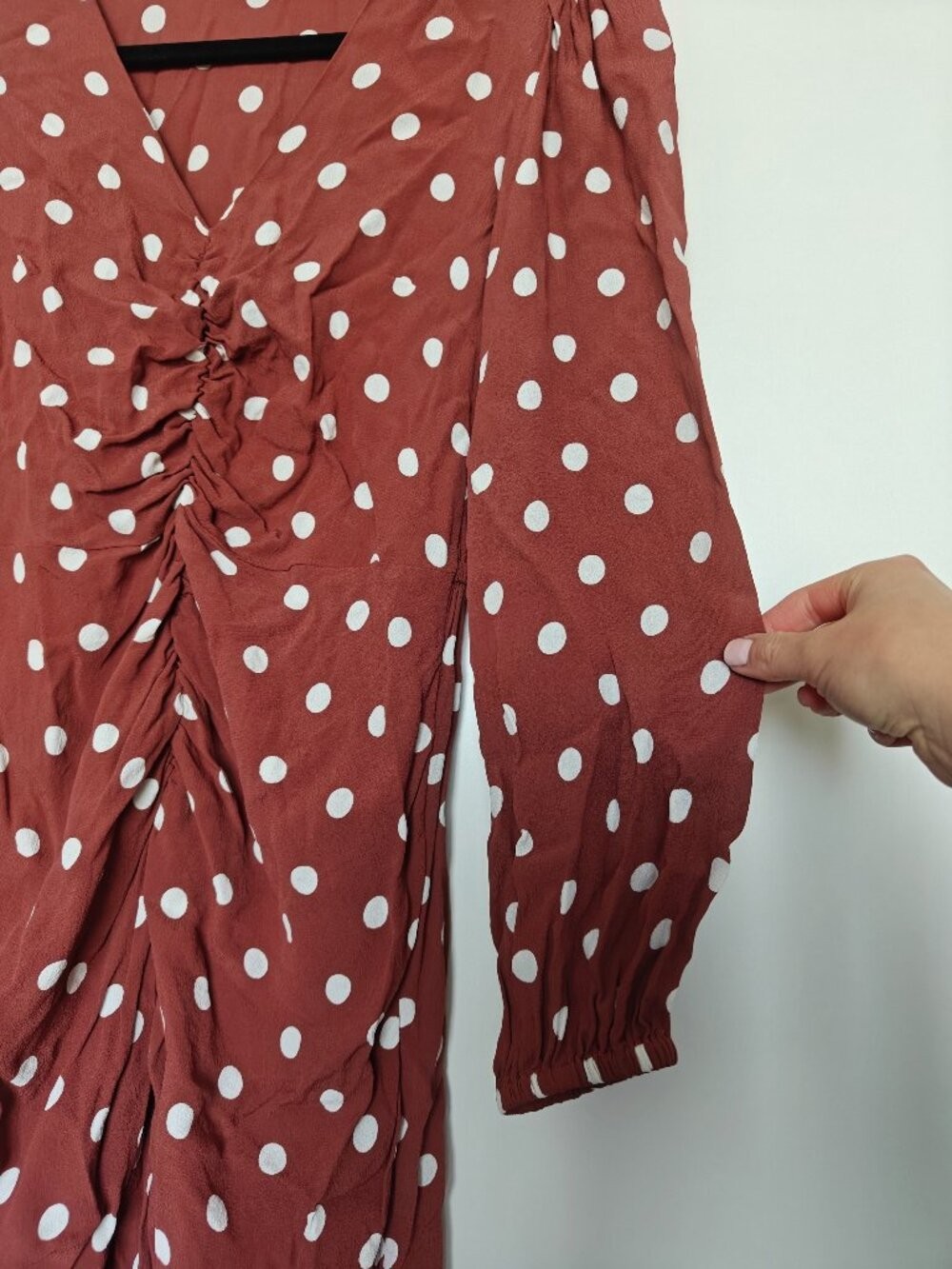 River Island Rust Brown Polka Dot Ruched Midi Dress Puff Sleeve UK 8 US 4 0722