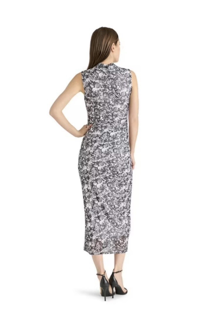 Betsey Johnson Gray White Floral Sheath Dress Mock Neck Sleeveless Midi L