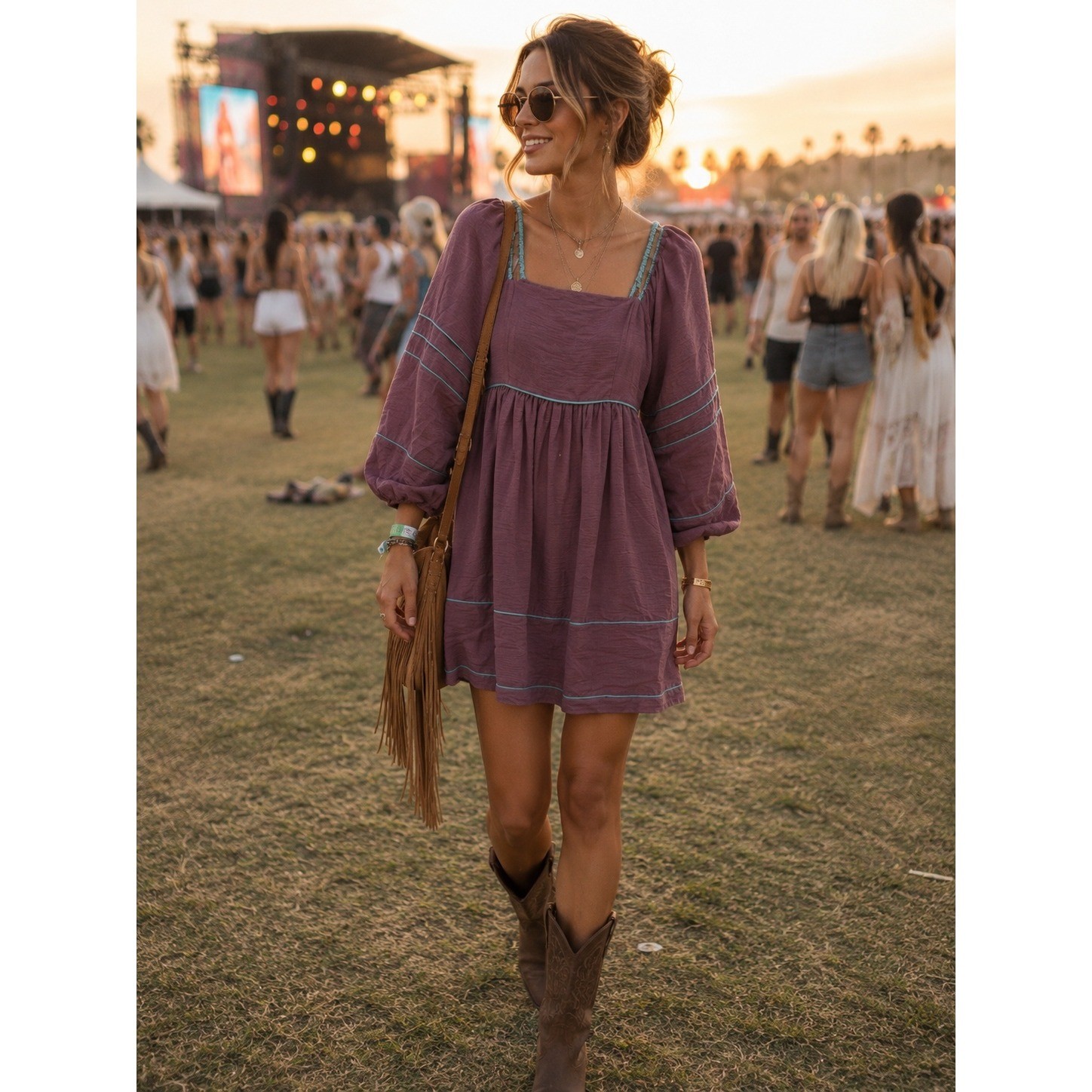 She + Sky Anthropologie Plum Purple Babydoll Mini Dress Balloon Sleeve Small