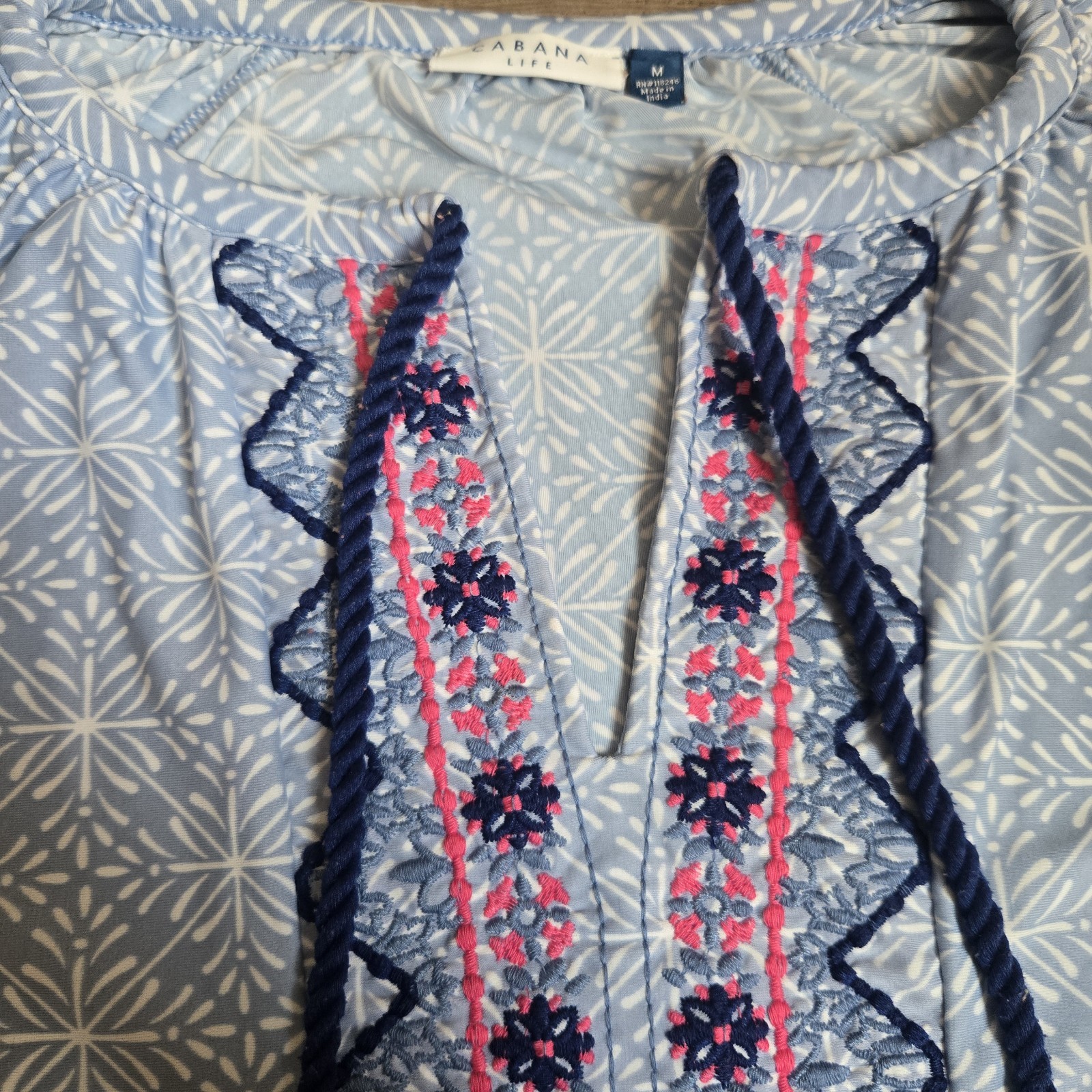 Cabana Life Embroidered Geometric Tassel UPF Dress Cover-Up Blue Pink Medium M