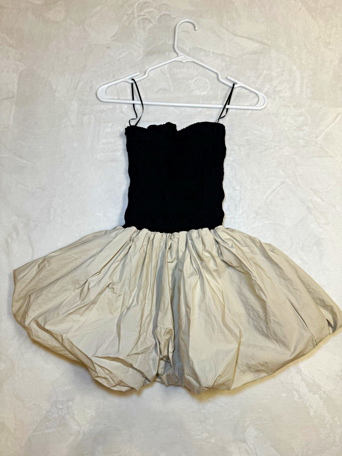 Olivaceous Strapless Ruffle Mini Dress S Black Beige