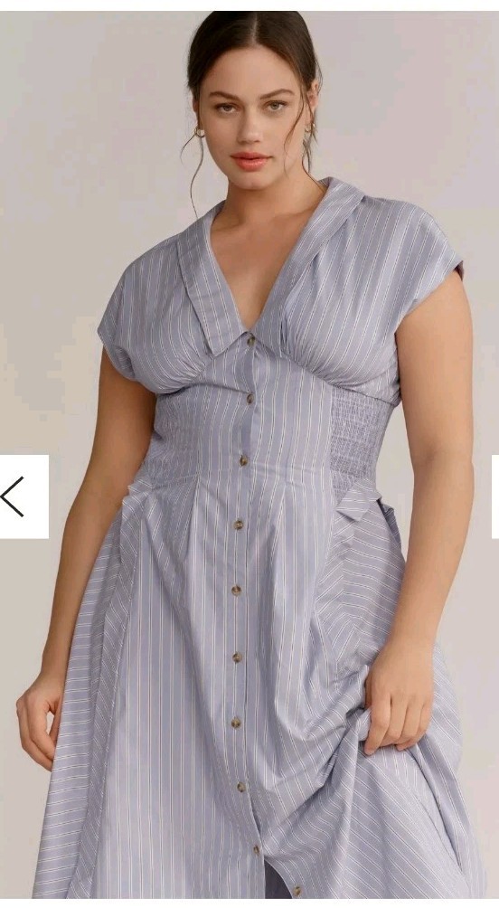 Anthropologie Tobie Button Front Pleated Shirt dress Size 2X Stripe Cottage Blue