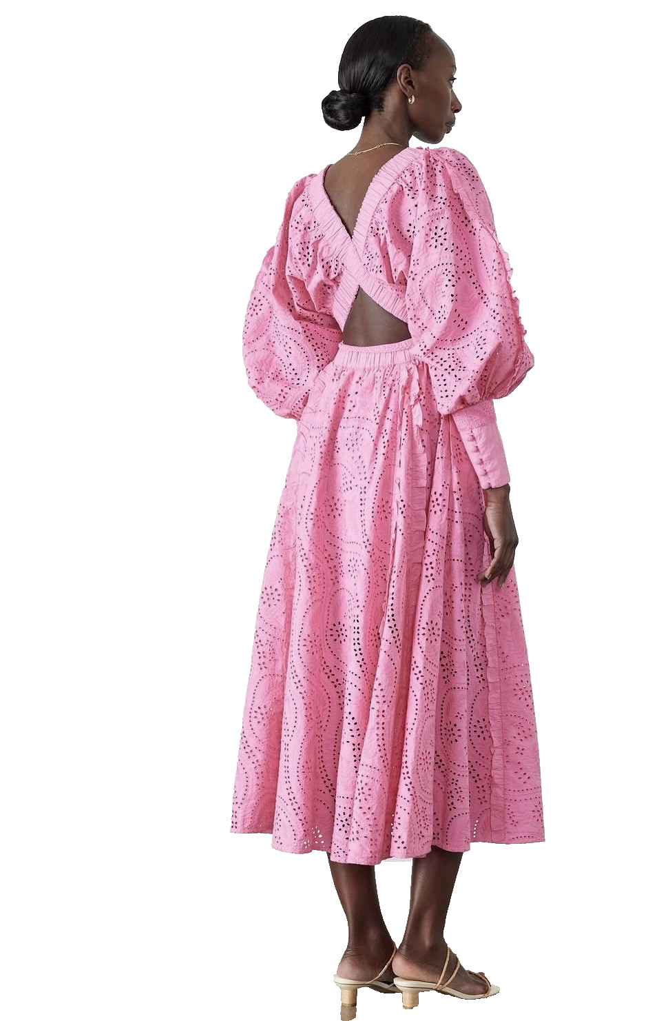 Joslin Saskia Pink Cotton Broiderie Midi Dress US 2 Puff Sleeves Dahlia Pink