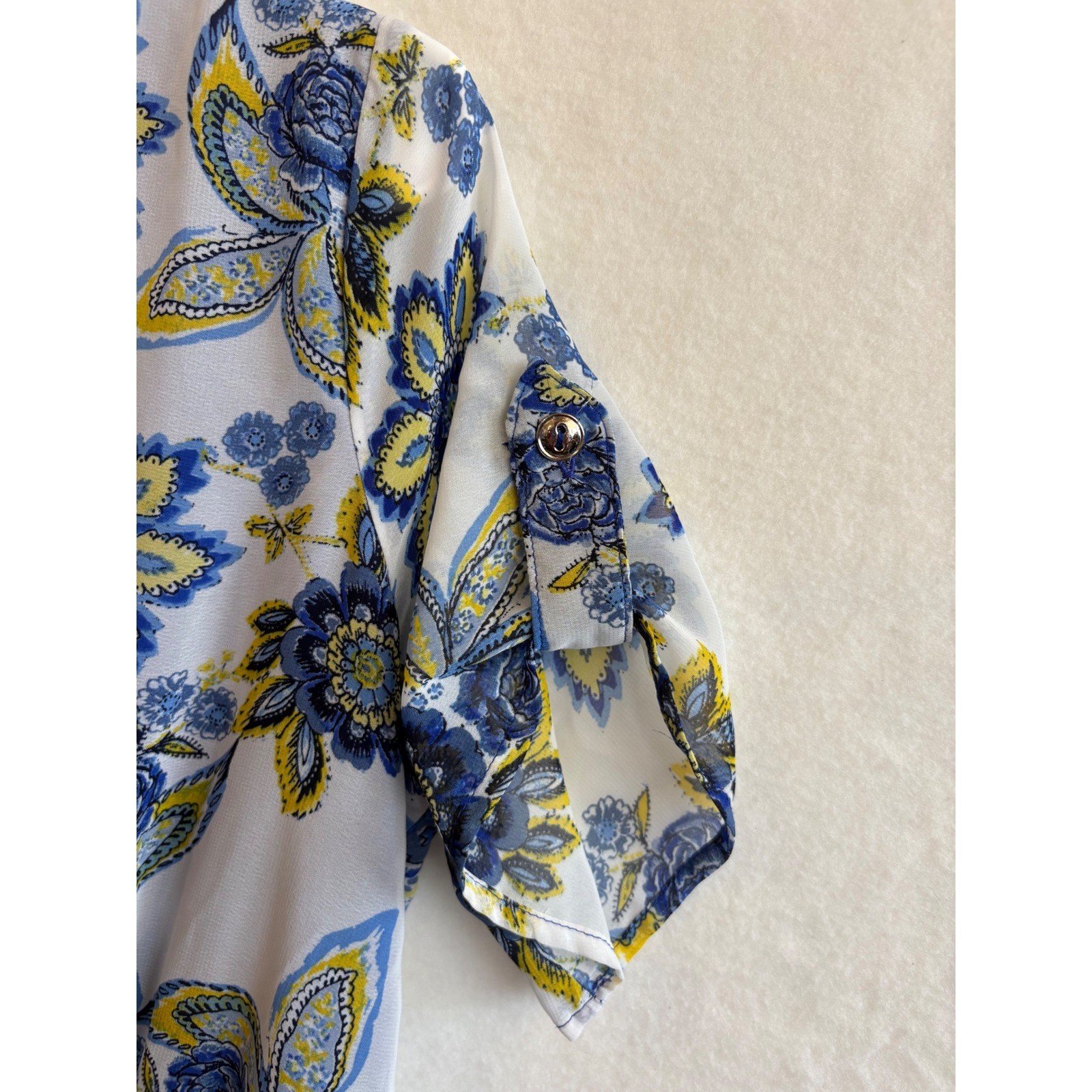 Enfocus Studio Blue Yellow Floral Smocked Waist Roll Tab Sleeve Dress Size 4