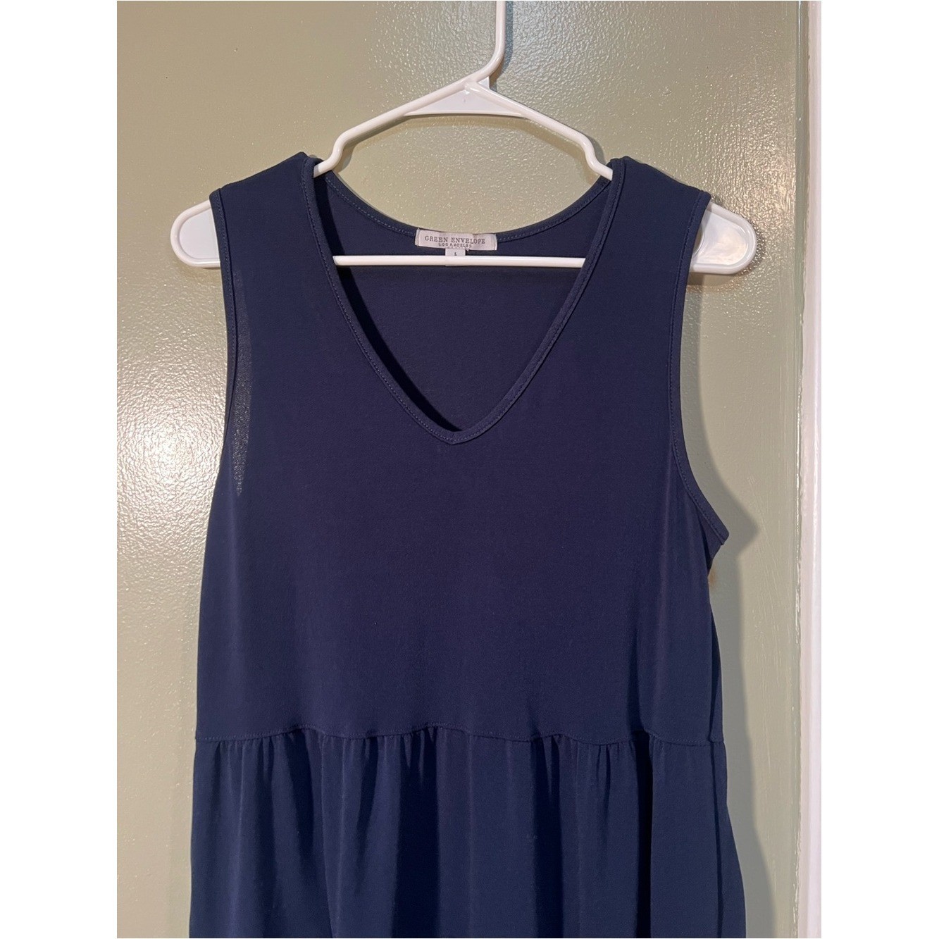 Green Envelope Womens Size Large Sleeveless Dress Navy Blue V-Neck Tiered A-Line