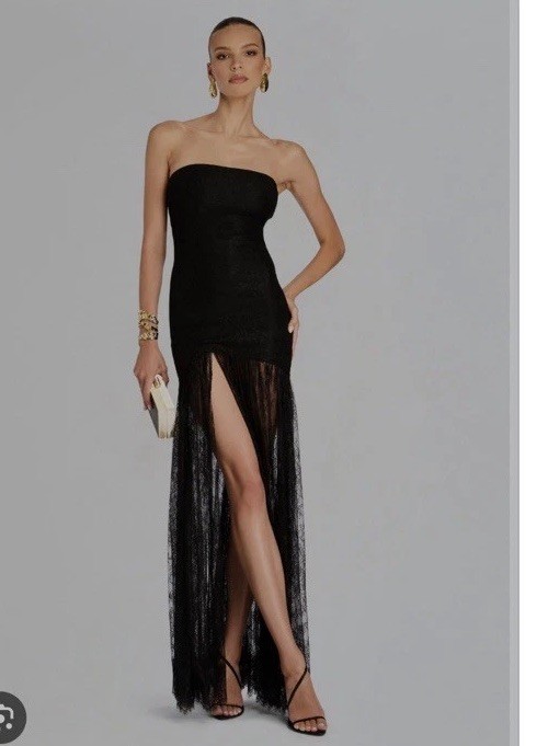 Retrofete Black Lace Maxi Dress Strapless Gown Slit XS Whimsigoth Fairy Jeanette