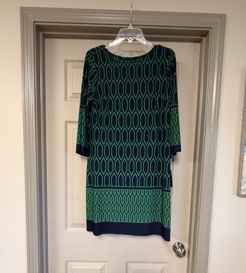 Enfocus Studio Women Size 10 Green & Navy Geometric Long Bell Sleeve Shift Dress