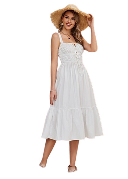 Boho White Midi Dress L Corset Tie Smocked Casual Summer Dress USA Seller