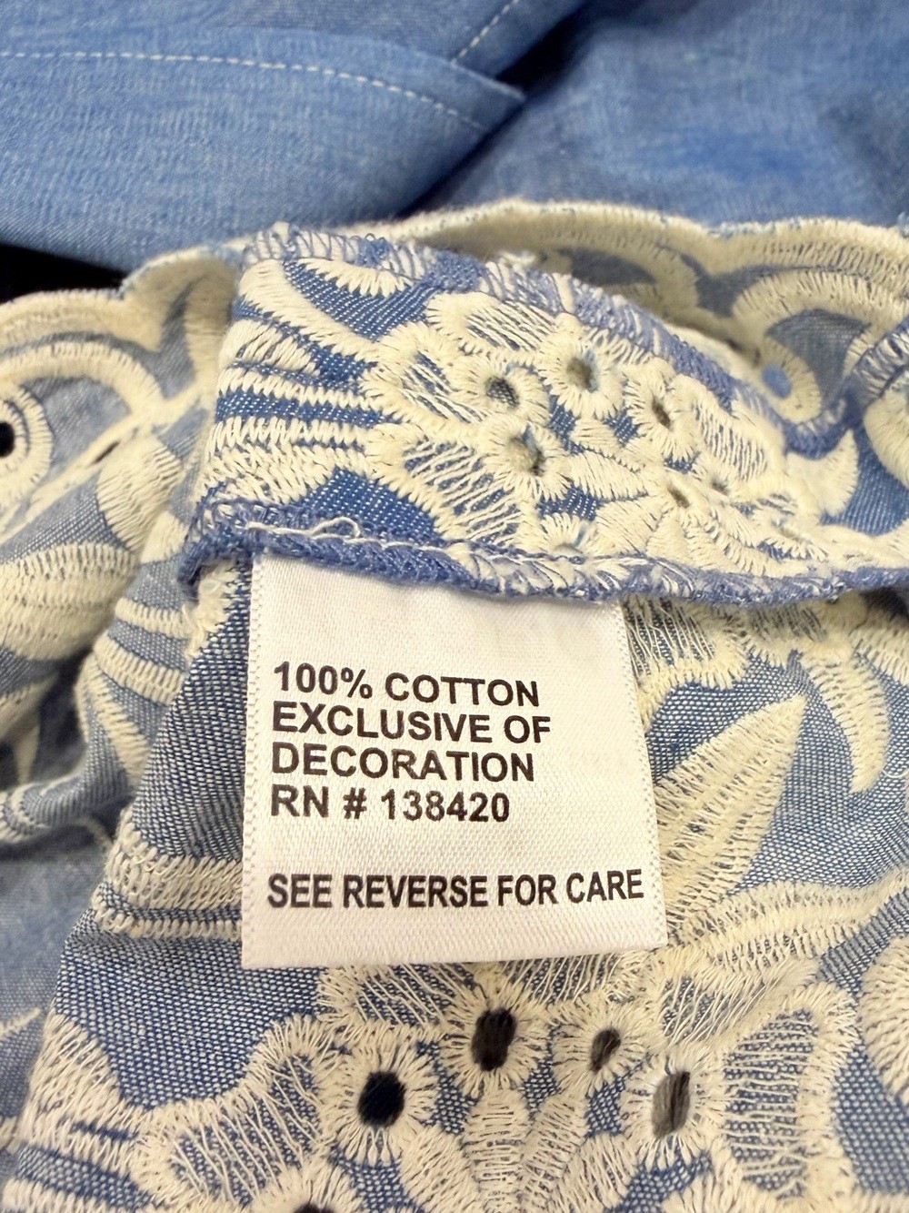 Etcetera NWT Blue Embroidered Denim-like Shirt Dress with White Floral Trim.