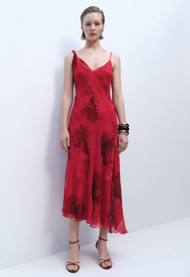 NWT MANGO MNG $150 RED FLORAL ASYMMETRICAL DRESS SZ M US 6