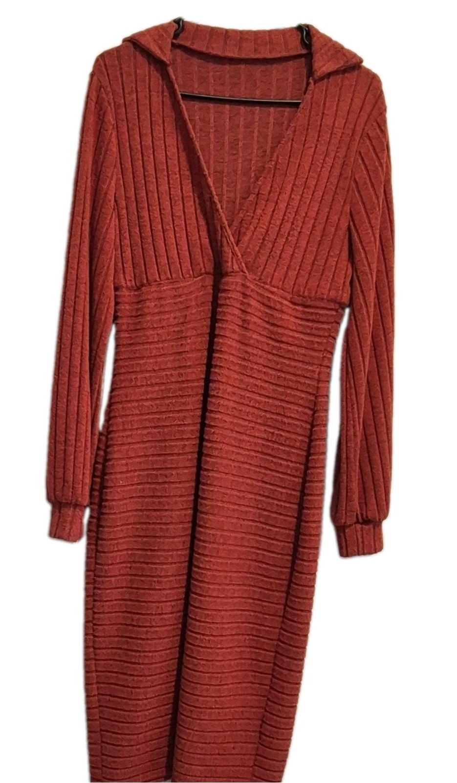 Women’s Orange Solid Ribbed Knit V-Neck Long Sleeve Stretch Midi Sweater Dress