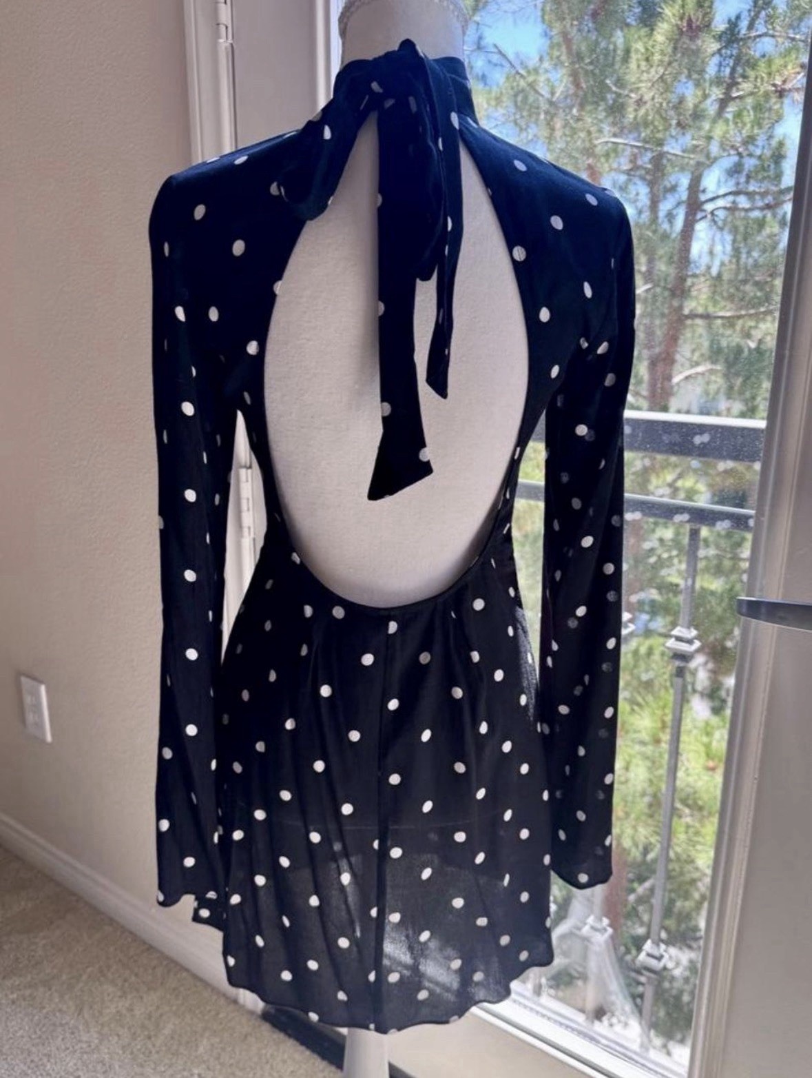 H&M Navy/White Polka Dot High Neck Open Back Tie Fit & Flare Dress XS