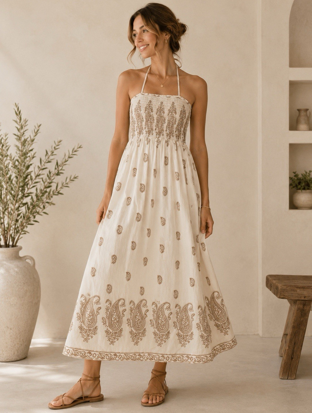 Women’s Ivory Brown Paisley Embroidered Square Neck Halter Strap Midi Sundress S