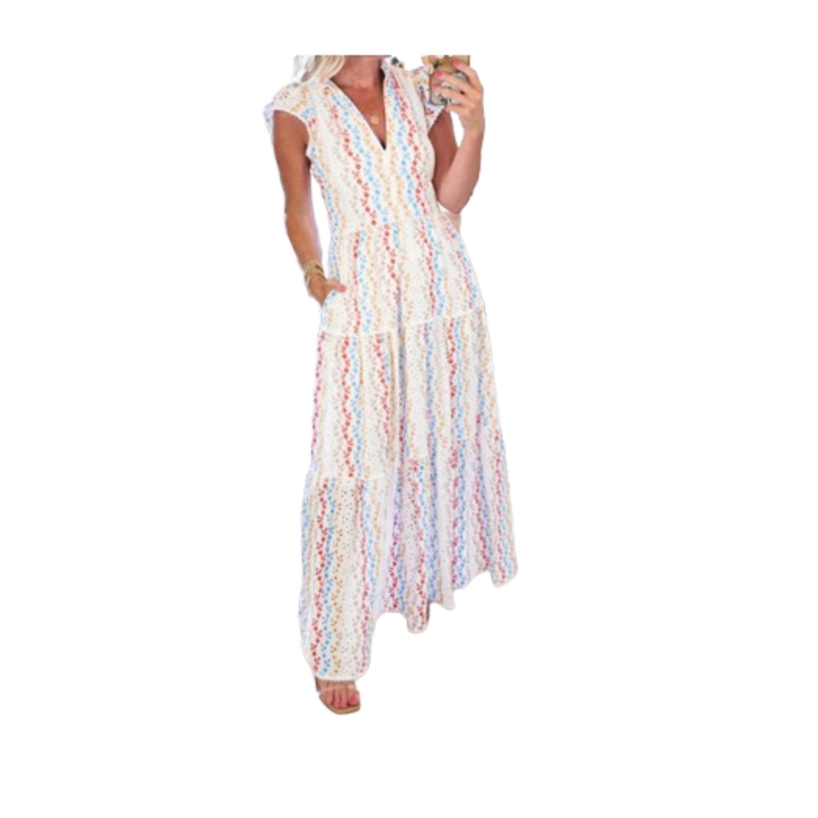 Antonio Melani Floral Eyelet Tiered Maxi Dress Flutter Sleeve White 10