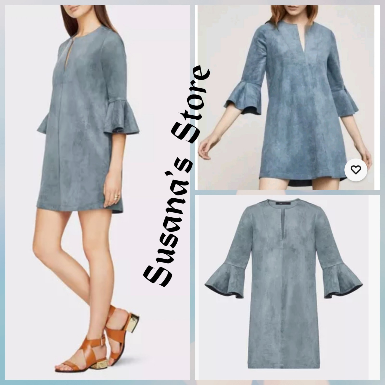 NWT BCBG MAXAZRIA SIZE L Catier Faux Suede Bell Sleeve Split Neck Shift Dress