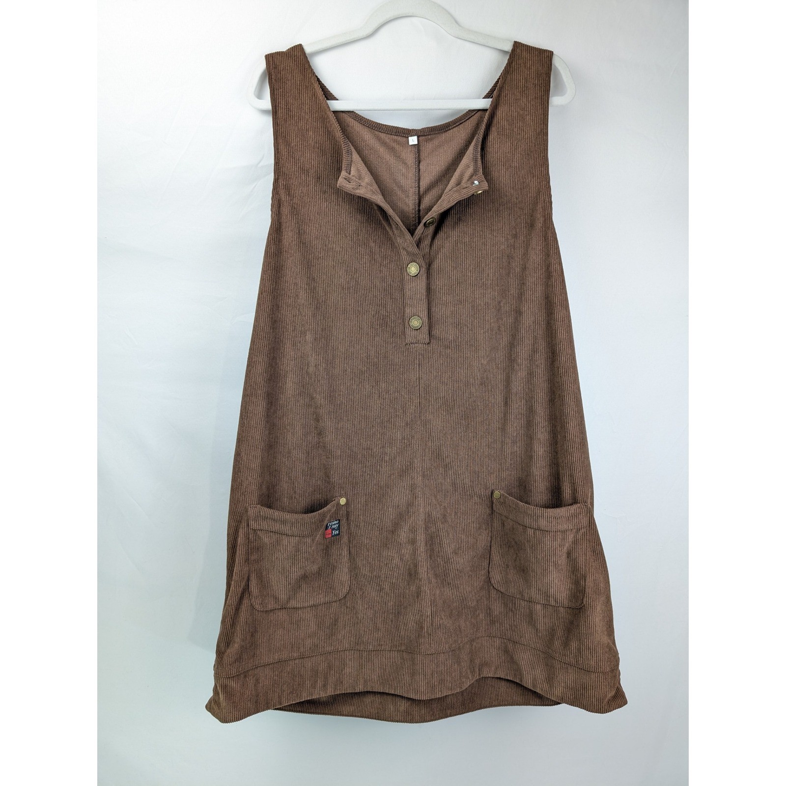 Cottagecore Corduroy Pinafore Sleeveless Mini Dress Size L Brown Button Granola