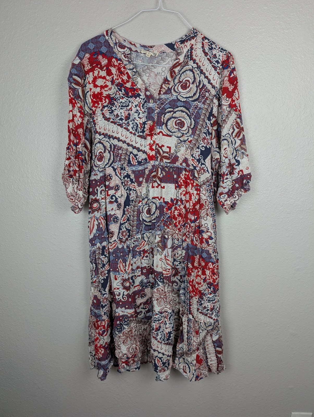 Hope Springs Dress Womens XL Red Blue Floral Boho Patchwork Rayon Tiered Ruffle