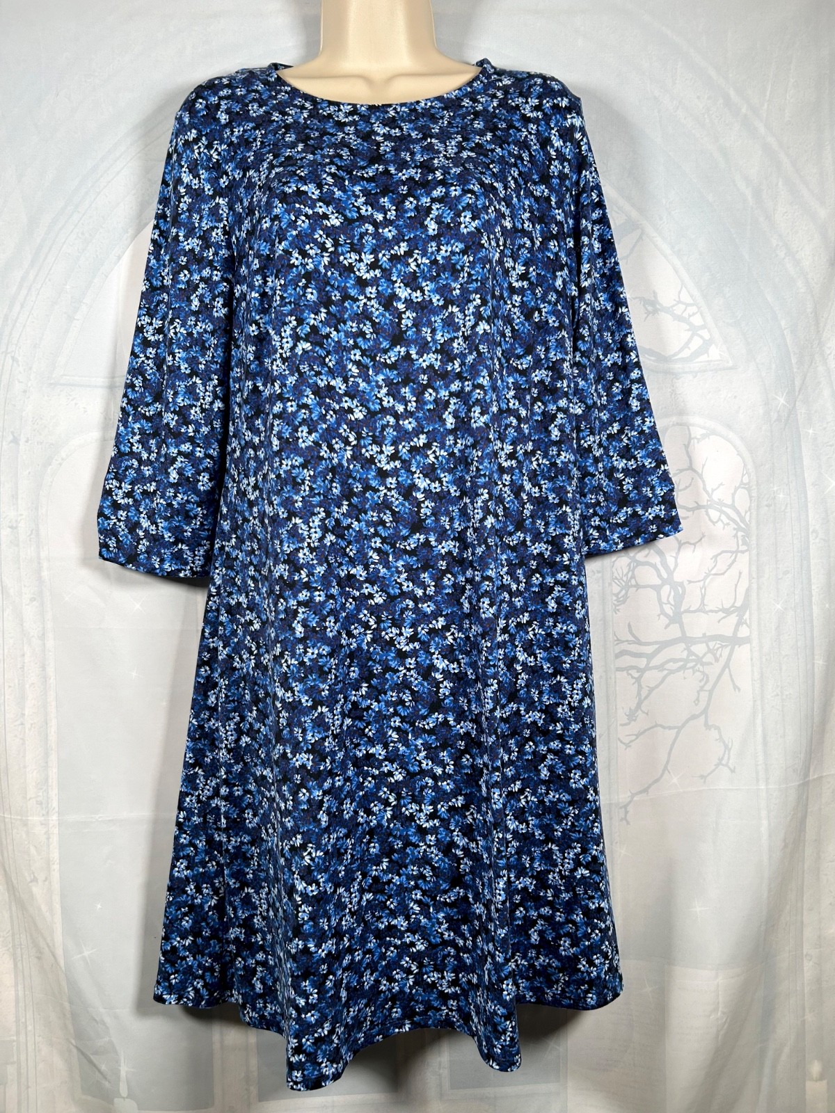 JD Williams blue ditsy floral soft peach-feel jersey 3/4sleeve tunic dress, 12