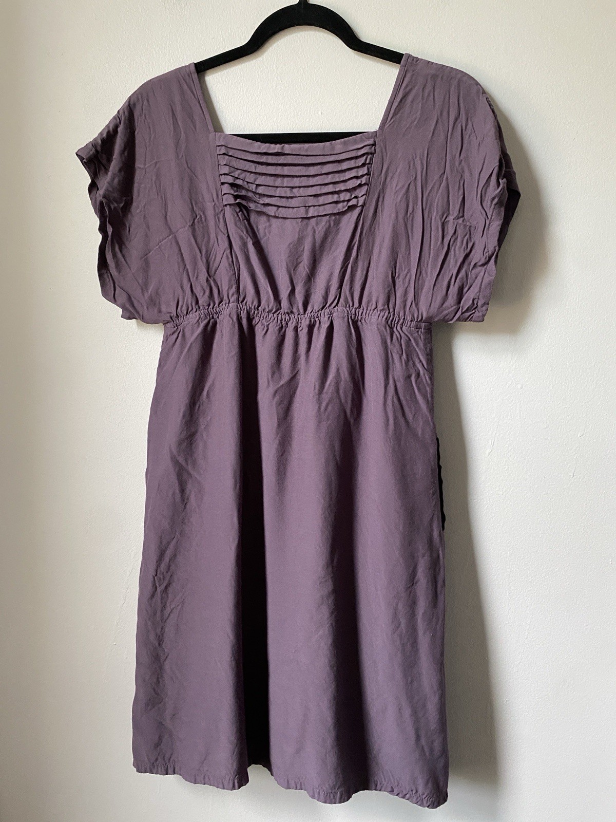Maeve Plum Solid Square Neck Puff Short Sleeve Ruffle A-Line Dress M