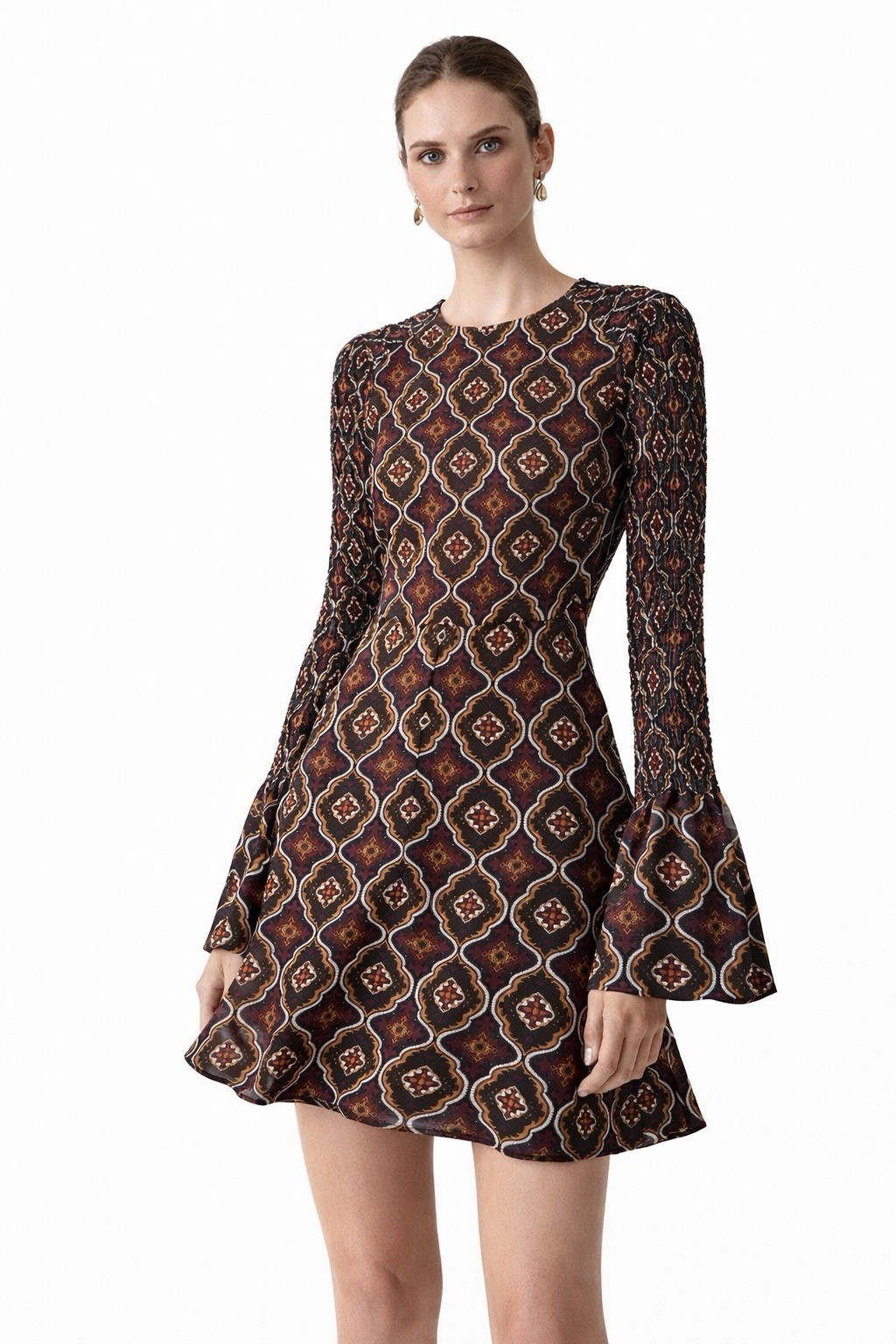 A.L.C Alexa Silk Brown Pattern Bell Sleeve Dress