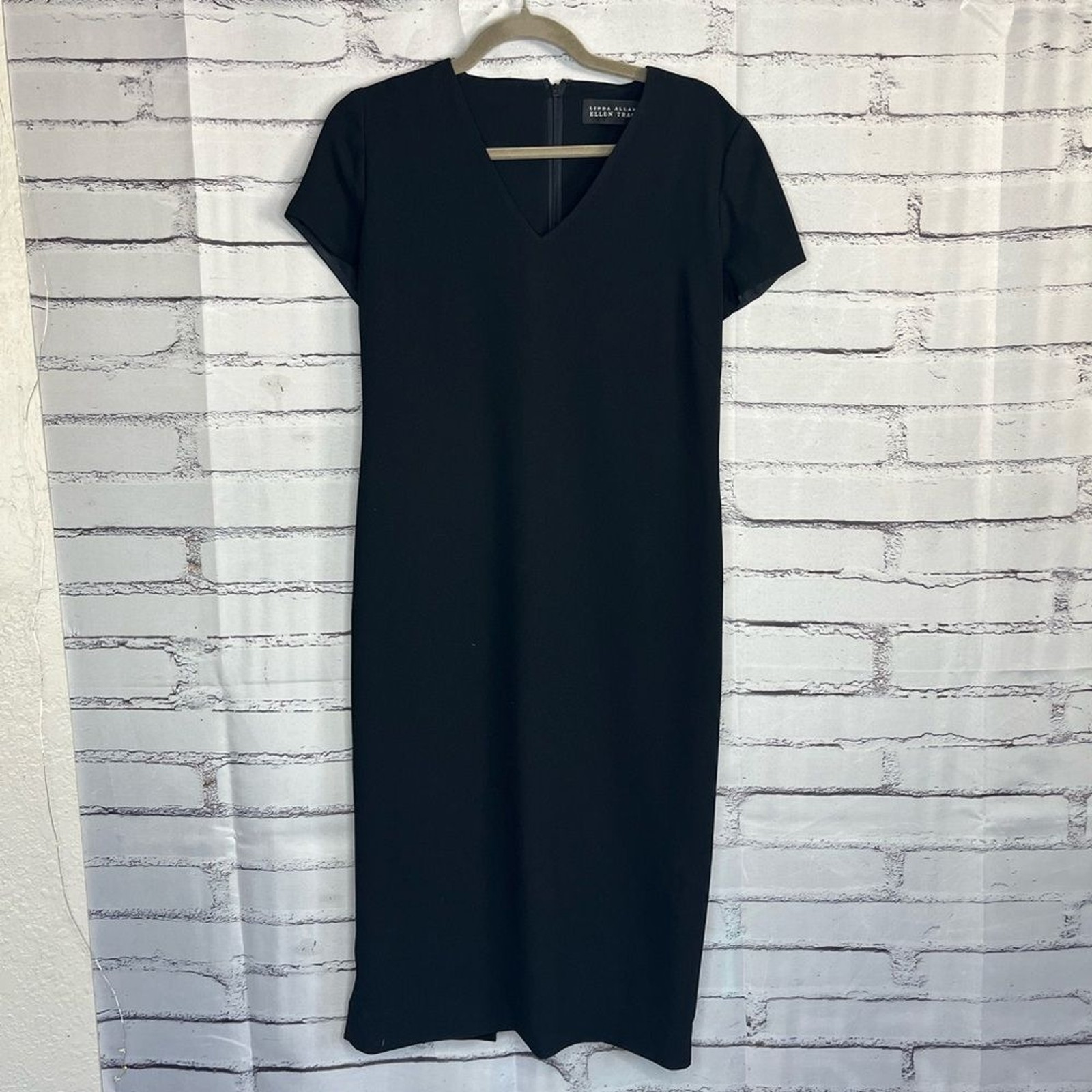 Linda Allard Ellen Tracy Black V-Neck Midi Dress Zip Back Elegant Flowy M Casual