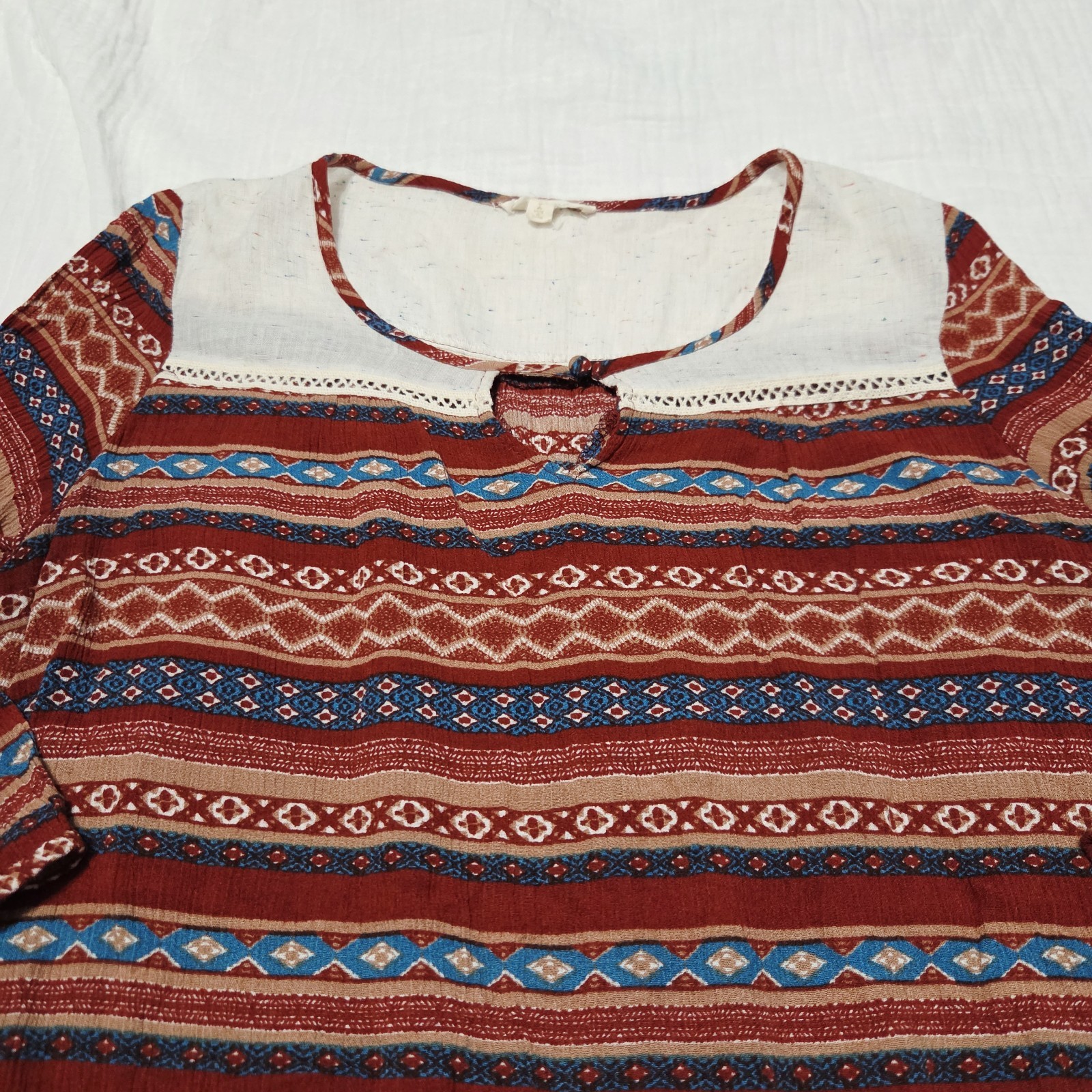 Boho Geometric Stripe Dress Large Long Sleeve Cream Yoke Keyhole Maroon Blue