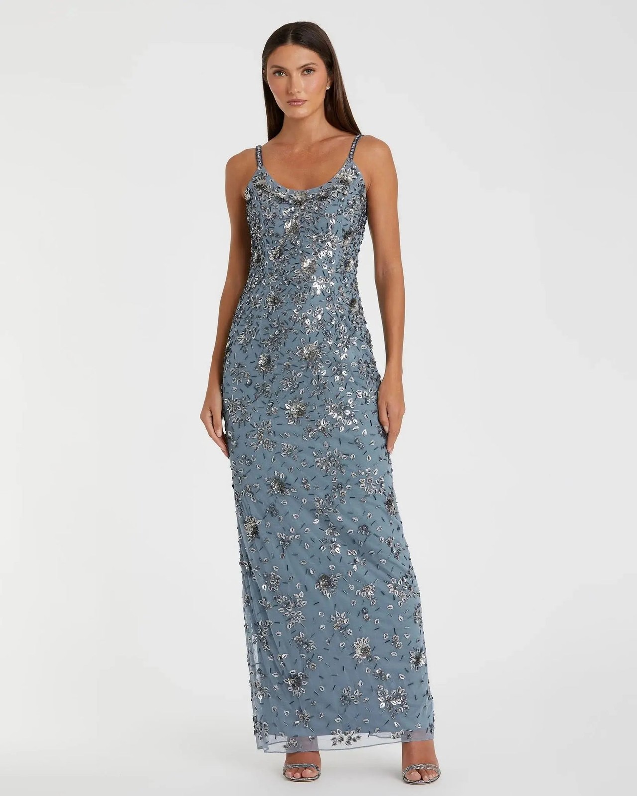 Mac Duggal 5477 Slate Gray Floral Embellished Scoop Neck Evening Gown Sz 10 NEW