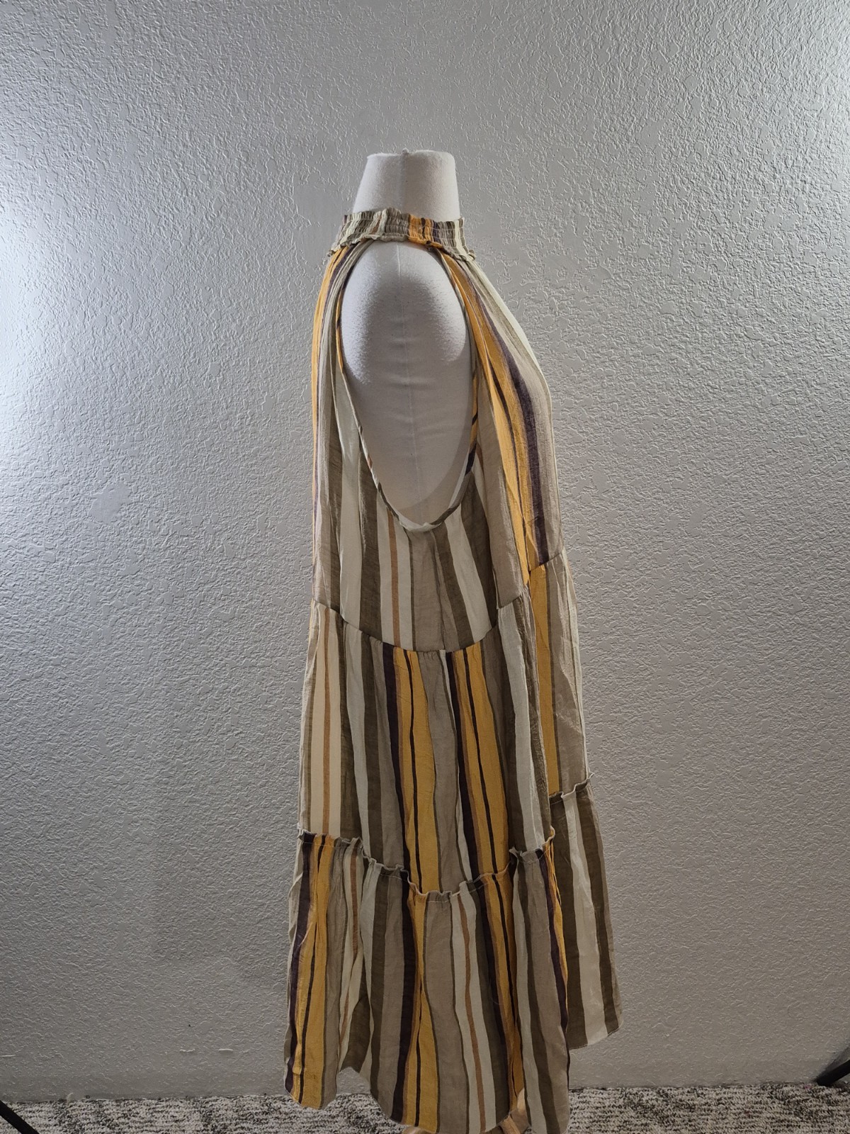 Women mlle gabrielle 1x Striped Sleevless Dress Yellow Tan Lined Layered Look