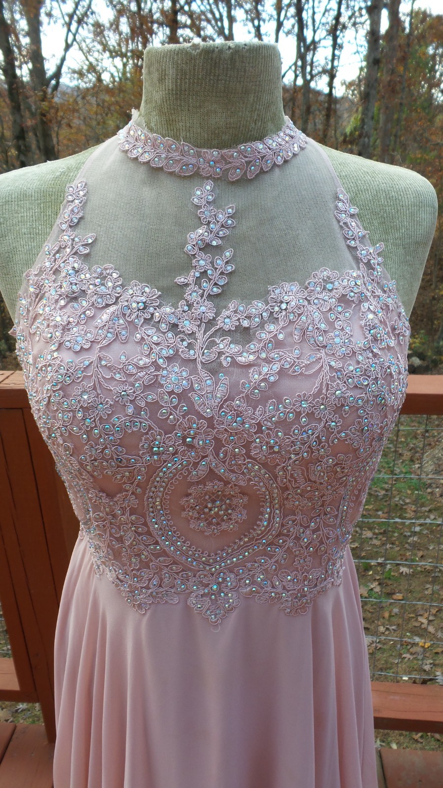 DANCING QUEEN Rose Pink Chiffon Beaded Formal Holiday Party Prom Dress size L