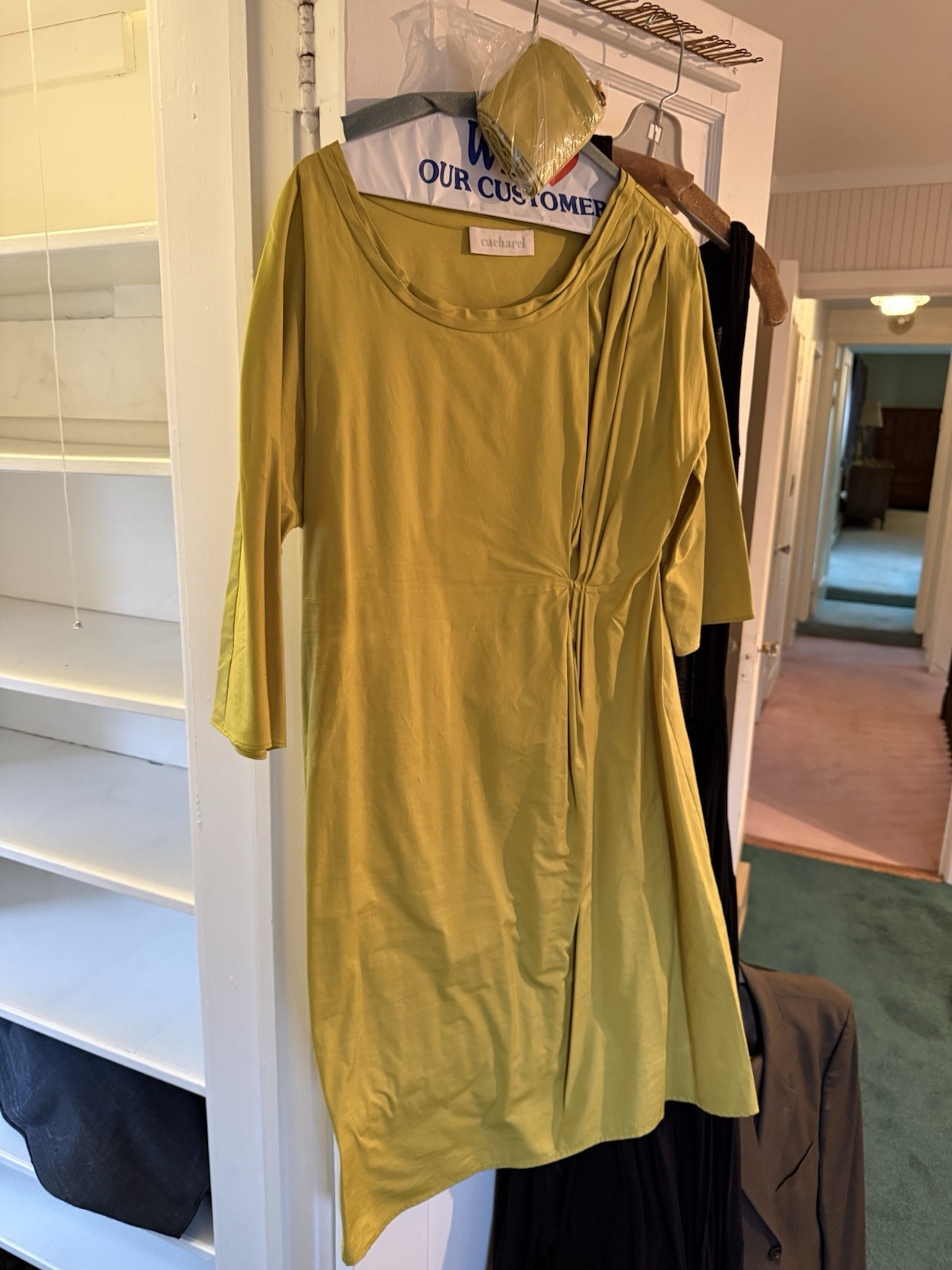 Vtg Cacharel Paris Midi Tunic Dress Sz M Olive Green Gathered Hip Long Belt