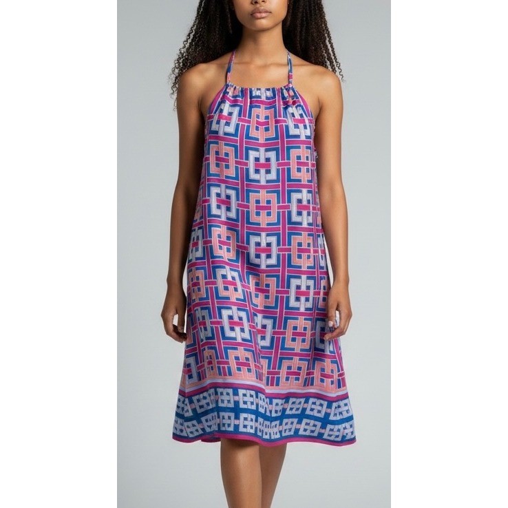 Crown & Ivy Halter Shift Dress M Pink Geometric Greek Key Vacation Mod Retro