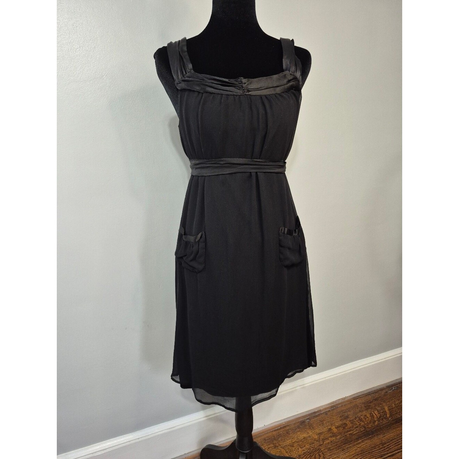 jonathan martin Silk Black Sleeveless Midi Dress Belt Pockets Sheer Size 10