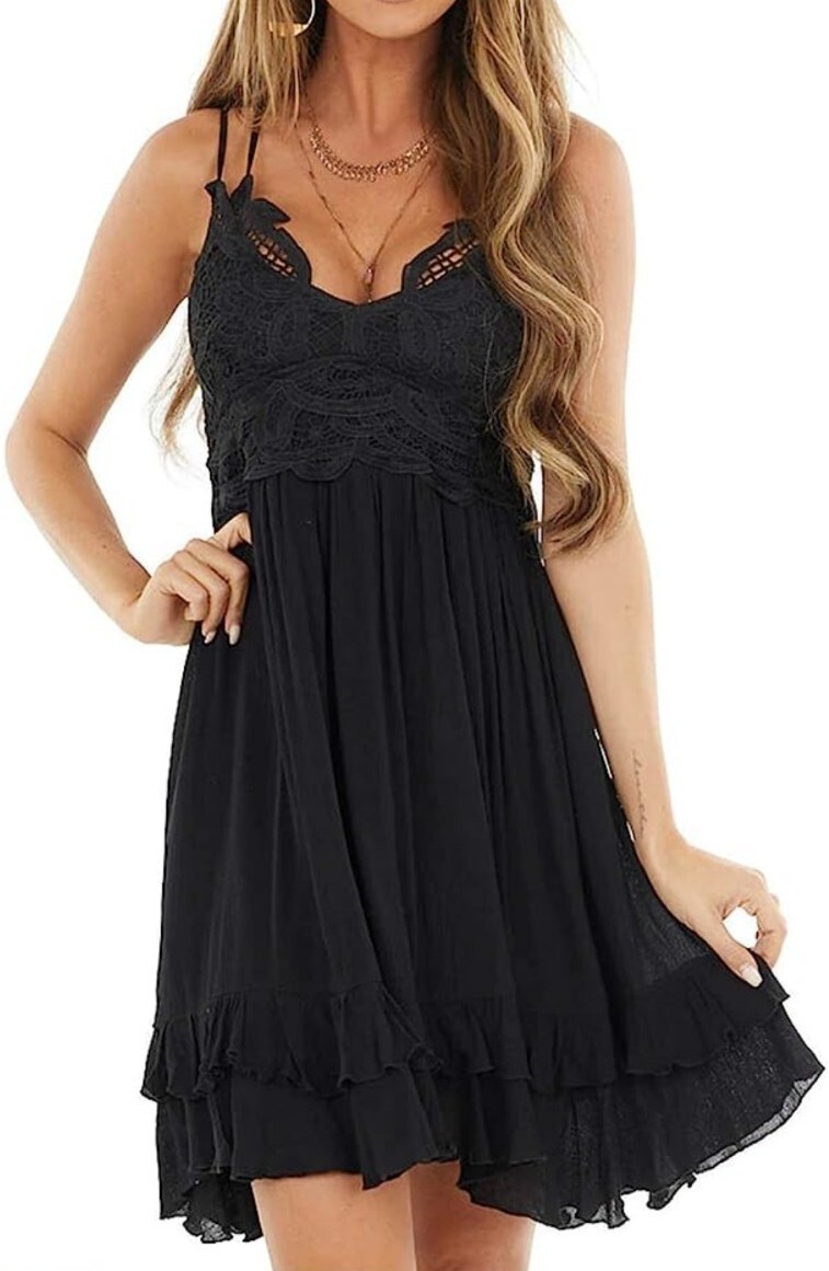 NWT Feager Women’s Summer Lace V Neck Criss Cross Strappy Ruffle Dress L