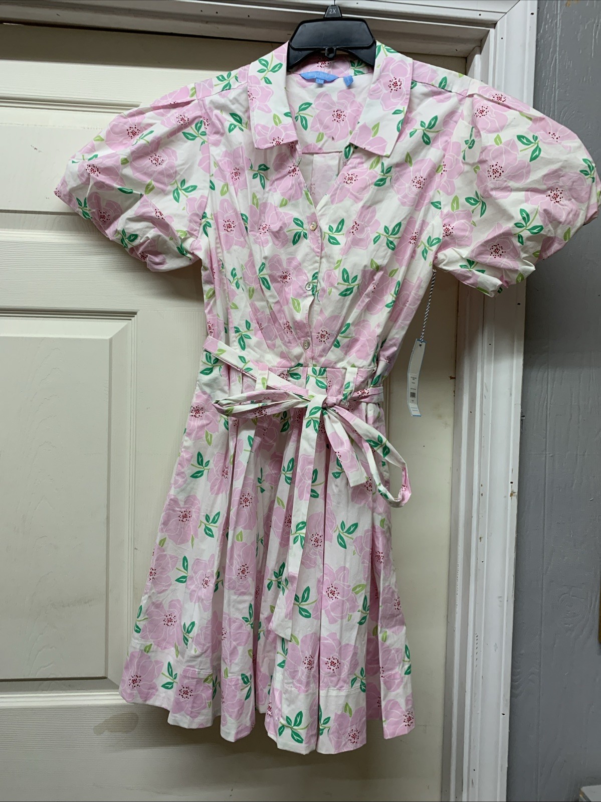 Draper James RSVP Dress Sz Large Puff Sleeve Floral Pink White Button Tie EUC!