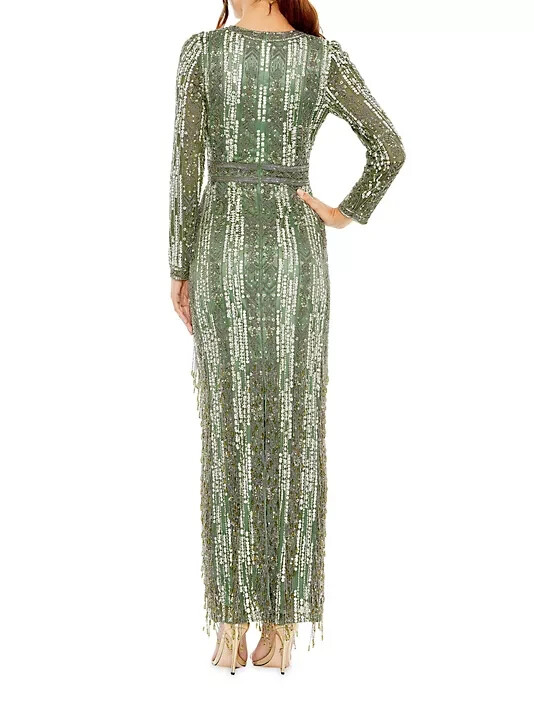 Mac Duggal Sage Green Sequin Beaded Fringe Long Sleeve Gown Size 10 $898