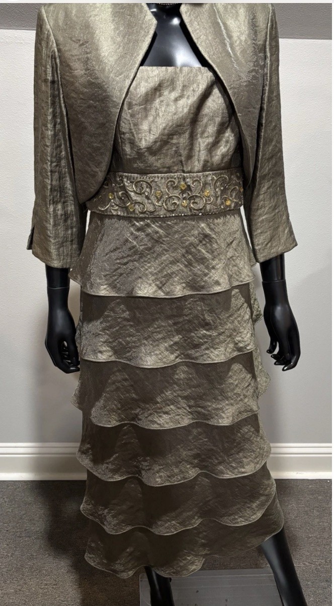 R&M Richards 2 pc tiered dress set in shimmery Cocoa Taupe sz 10 evening