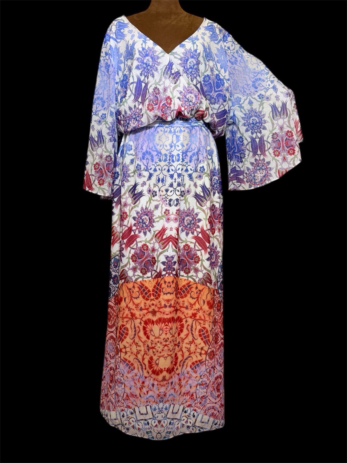 City Chic Dress Women’s Size 18 V Neck Open Back Bell Split Sleeve Colorful Boho
