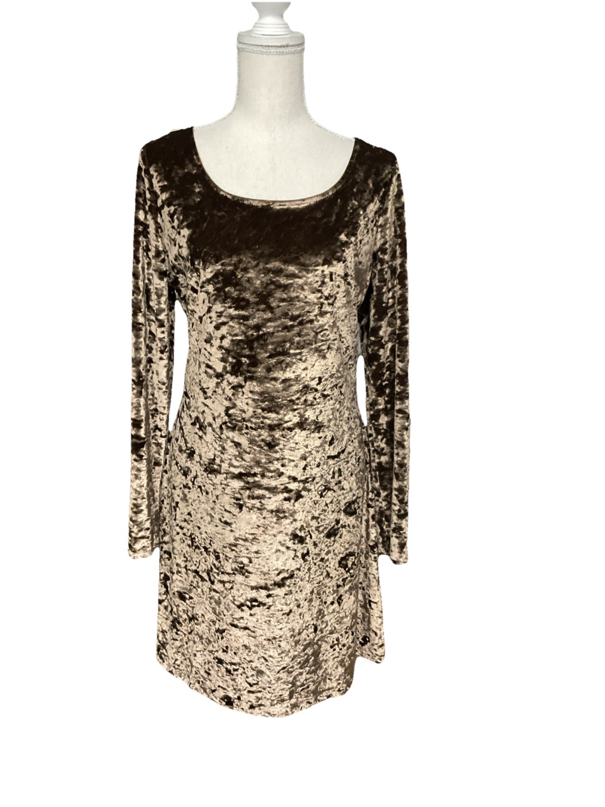 J S C Gold Crushed Velvet Long Sleeve Sheath Dress Scoop Neck Sz 14 RUNS SMALL