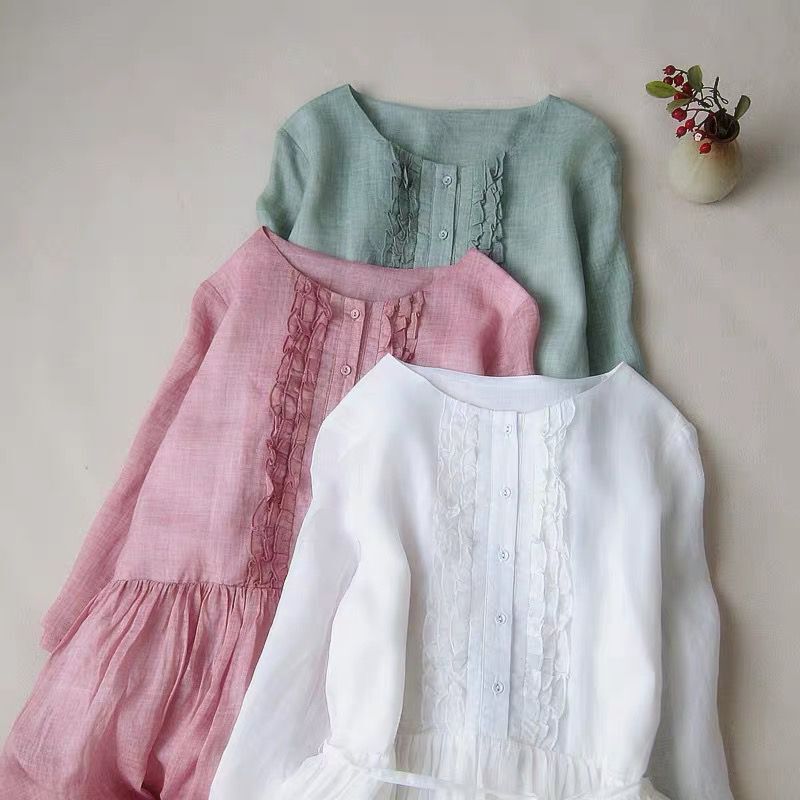 Lady Ruffle Midi Dress Cotton Linen Half Sleeve Asian Waist Belt A-line Dress