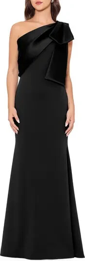 Betsy & Adam Black Bow One-Shoulder Crepe Mermaid Gown Size 10 $269
